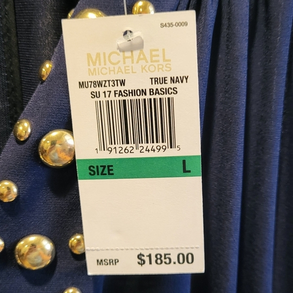 MICHAEL Michael Kors Split Neck Dome Studded Band Mini Dress Navy Gold Sz Large - Picture 6 of 7